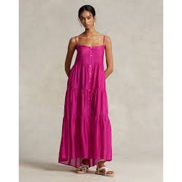 Polo RALPH LAUREN Tiered Translucent Cover-Up Maxi Slip Dress  Size 14 Hot Pink - Picture 1 of 6